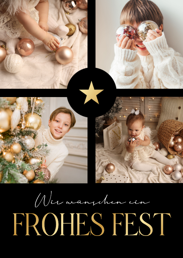 Weihnachtskarten - Weihnachtsgrüße Fotocollage Goldschrift auf Schwarz