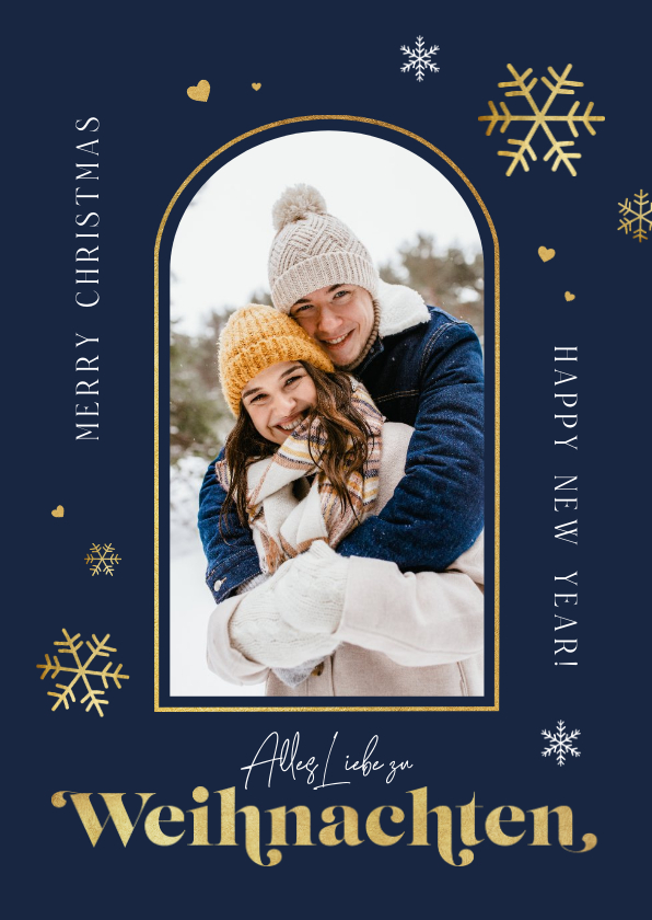 Weihnachtskarten - Weihnachtsgrüße mit Schneeflocken & Foto in Bogenrahmen