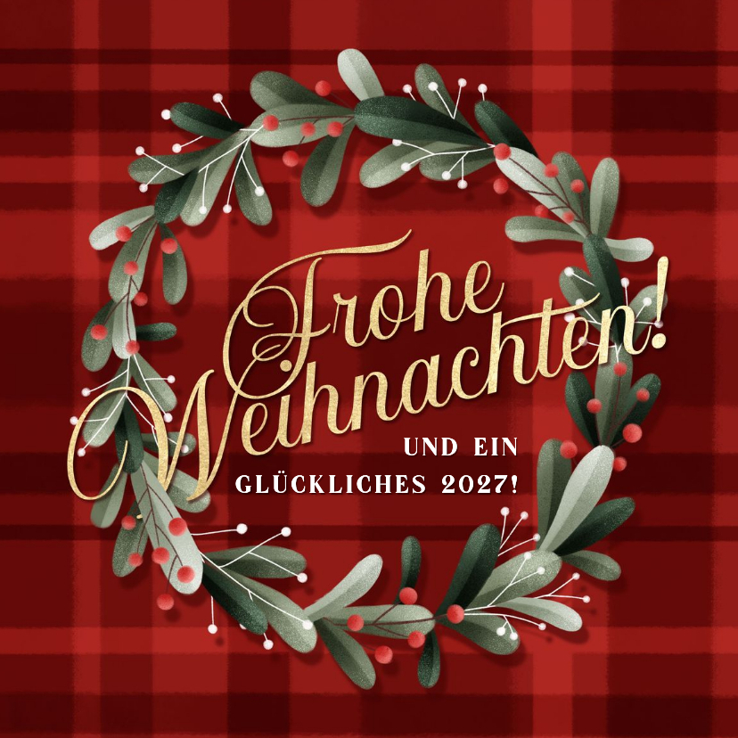 Weihnachtsgrußkarte Kranz auf Tartanmuster - Weihnachtskarten Weihnachtskarten - Weihnachtsgrußkarte Kranz auf Tartanmuster
