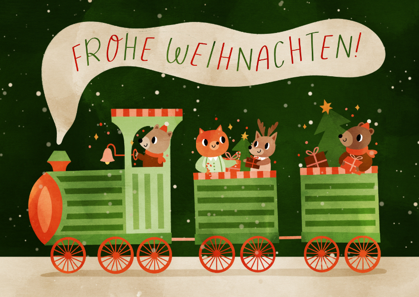 Weihnachtskarten - Weihnachtsgrußkarte lustiger Zug mit Tieren