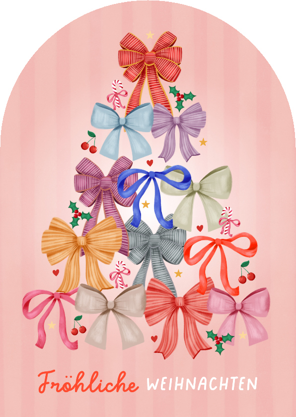 Weihnachtskarten - Weihnachtskarte Bogenform Weihnachtsbaum bunte Schleifen