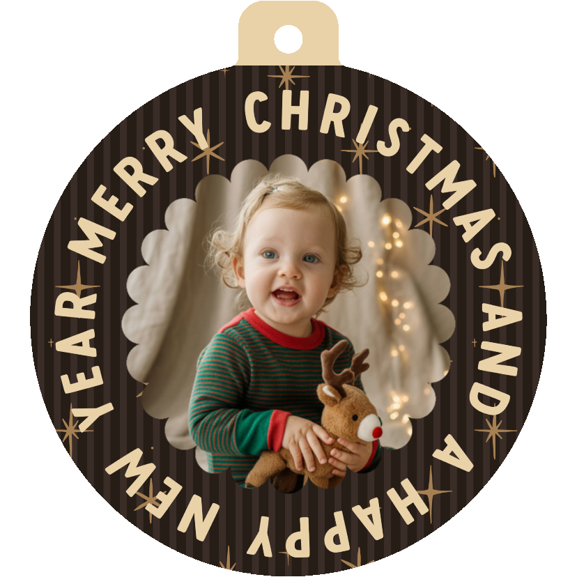 Weihnachtskarte braun gestreift Foto in Weihnachtskugel - Weihnachtskarten Weihnachtskarten - Weihnachtskarte braun gestreift Foto in Weihnachtskugel