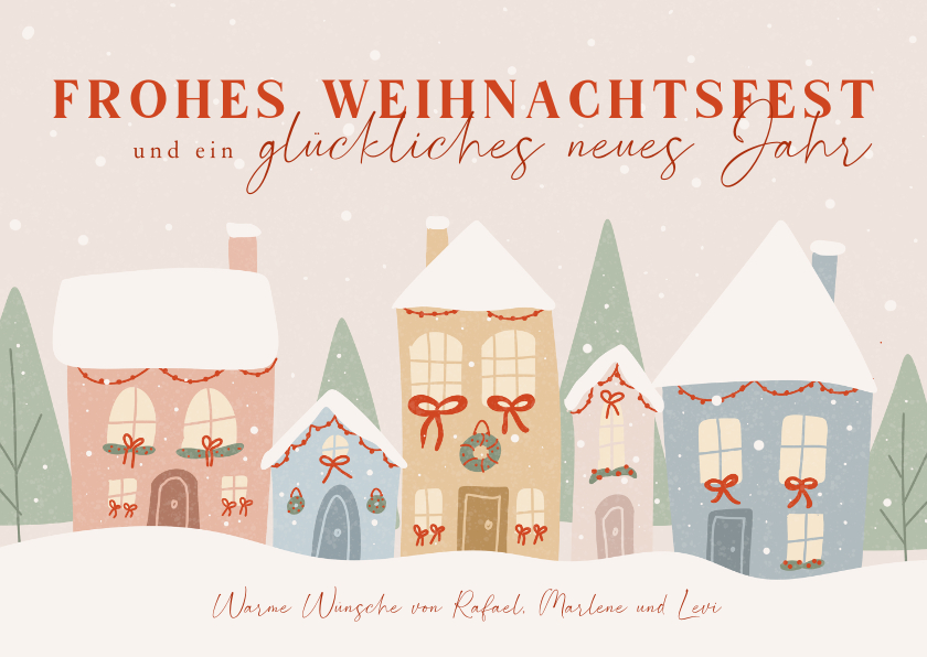 Weihnachtskarten - Weihnachtskarte bunte Häuserreihe im Schnee
