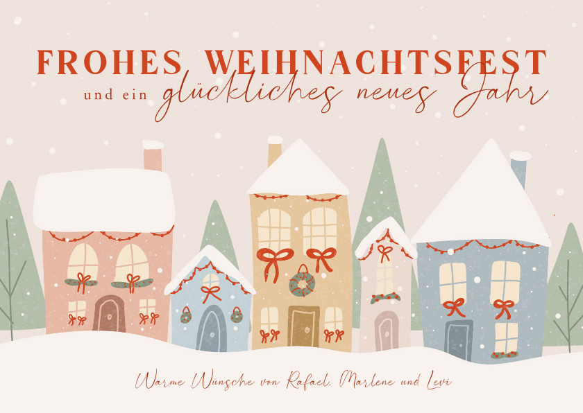 Weihnachtskarte bunte Häuserreihe im Schnee - Weihnachtskarten Weihnachtskarten - Weihnachtskarte bunte Häuserreihe im Schnee