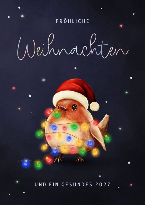 Weihnachtskarte bunte Lichterkette Rotkehlchen mit Mütze - Weihnachtskarten Weihnachtskarten - Weihnachtskarte bunte Lichterkette Rotkehlchen mit Mütze
