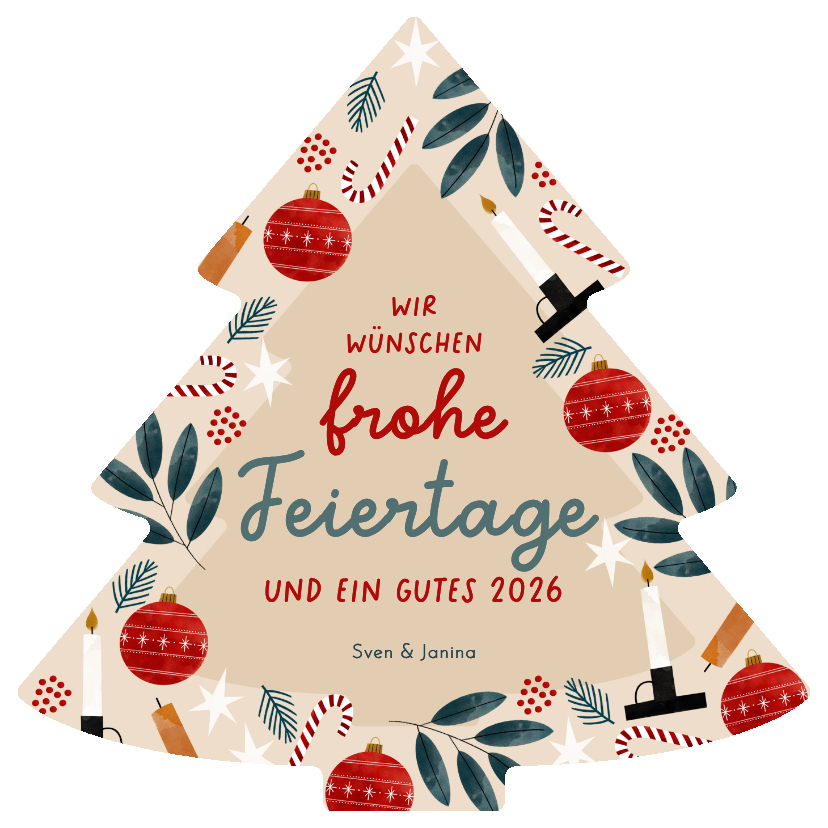 Weihnachtskarte Christbaum-Form mit Kerzen und Kugeln - Weihnachtskarten Weihnachtskarten - Weihnachtskarte Christbaum-Form mit Kerzen und Kugeln