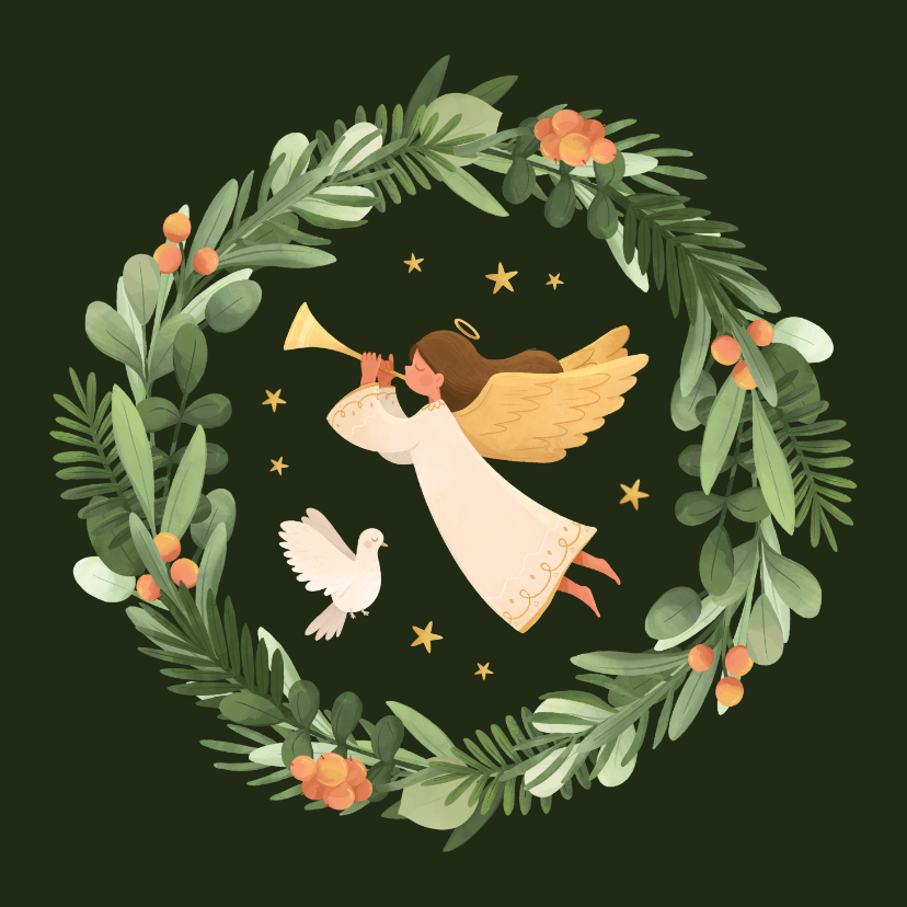 Weihnachtskarten - Weihnachtskarte Engel in Blätterkranz