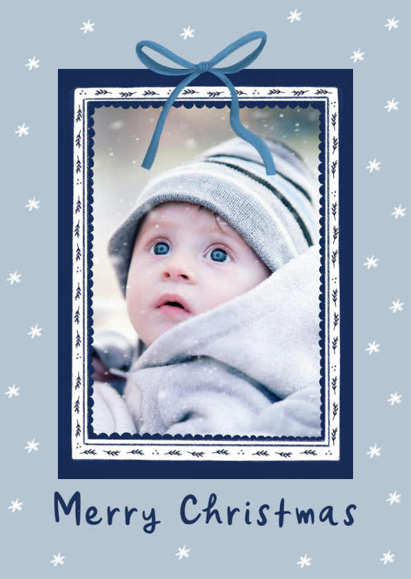Weihnachtskarte Foto in blauem Rahmen mit Schleife - Weihnachtskarten Weihnachtskarten - Weihnachtskarte Foto in blauem Rahmen mit Schleife