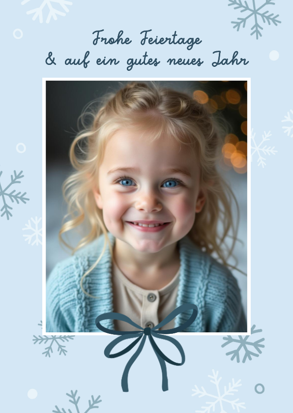 Weihnachtskarte Foto Schleife Blau Schneeflocken - Weihnachtskarten Weihnachtskarten - Weihnachtskarte Foto Schleife Blau Schneeflocken
