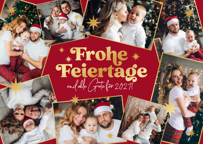 Weihnachtskarte Fotocollage 8 Fotos rot und gold - Weihnachtskarten Weihnachtskarten - Weihnachtskarte Fotocollage 8 Fotos rot und gold