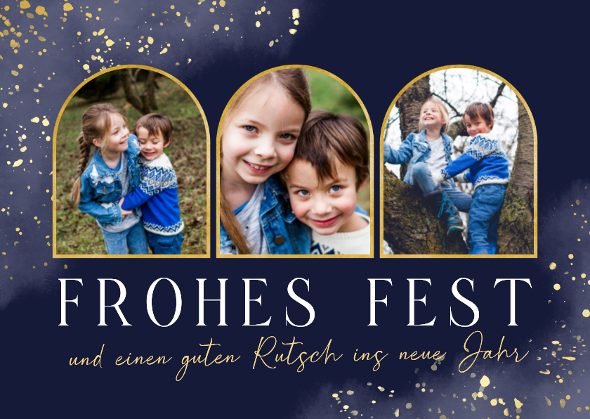 Weihnachtskarten - Weihnachtskarte Fotocollage Dunkelblau Goldsprenkel