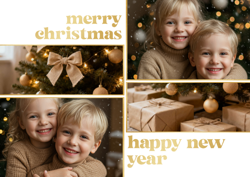 Weihnachtskarten - Weihnachtskarte Fotokollage schlicht weiß gold