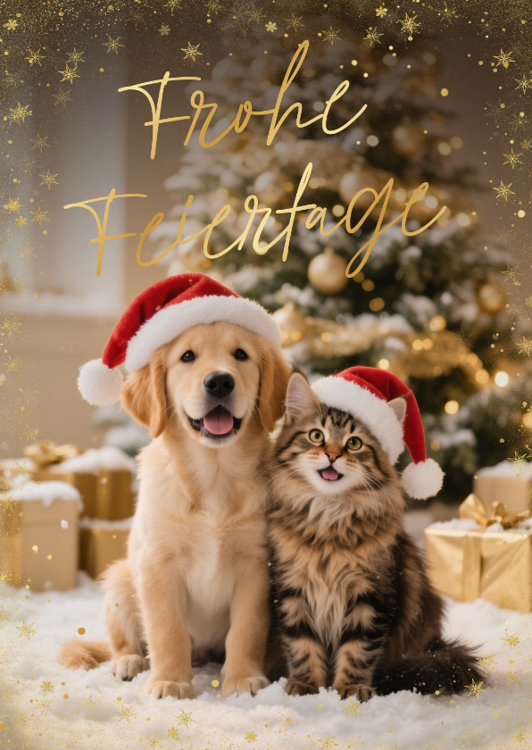 Weihnachtskarte Hund & Katze mit Weihnachtsmütze - Weihnachtskarten Weihnachtskarten - Weihnachtskarte Hund & Katze mit Weihnachtsmütze