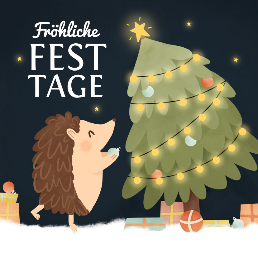 Weihnachtskarte Igel schmückt Weihnachtbaum - Weihnachtskarten Weihnachtskarten - Weihnachtskarte Igel schmückt Weihnachtbaum