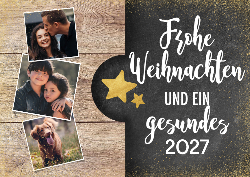 Weihnachtskarte im Holz- und Kreidelook mit Fotos - Weihnachtskarten Weihnachtskarten - Weihnachtskarte im Holz- und Kreidelook mit Fotos