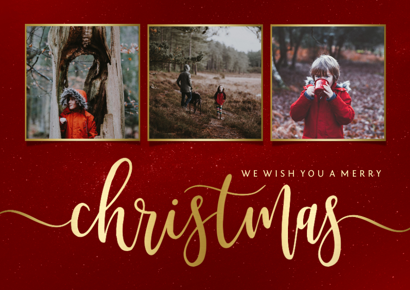 Weihnachtskarten - Weihnachtskarte in Rot mit Fotos und Goldschrift
