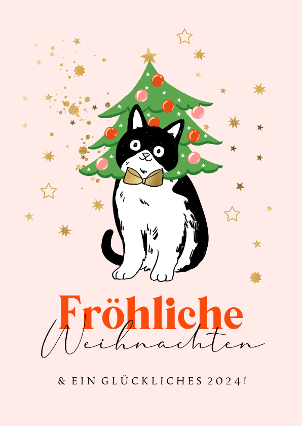 Weihnachtskarten - Weihnachtskarte Katze mit Weihnachtsbaum