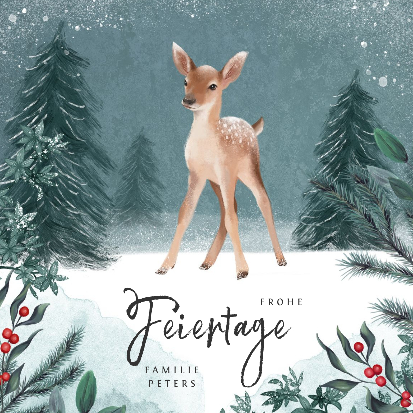 Weihnachtskarte kleines Reh im Winterwald - Weihnachtskarten Weihnachtskarten - Weihnachtskarte kleines Reh im Winterwald