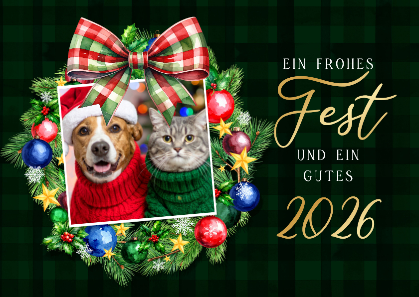 Weihnachtskarte Kranz mit Schleife kariert und Foto - Weihnachtskarten Weihnachtskarten - Weihnachtskarte Kranz mit Schleife kariert und Foto