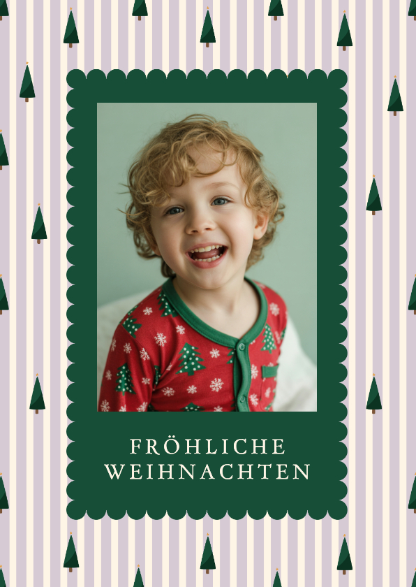Weihnachtskarte lila gestreift Weihnachtsbäume mit Foto - Weihnachtskarten Weihnachtskarten - Weihnachtskarte lila gestreift Weihnachtsbäume mit Foto