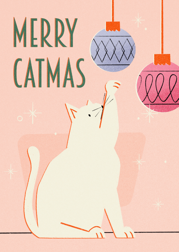 Weihnachtskarten - Weihnachtskarte 'Merry Catmas' Katze mit Weihnachtskugeln