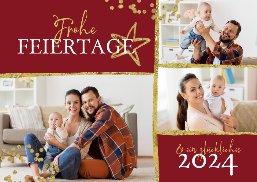 Weihnachtskarten - Weihnachtskarte mit drei Fotos, Konfetti und Stern