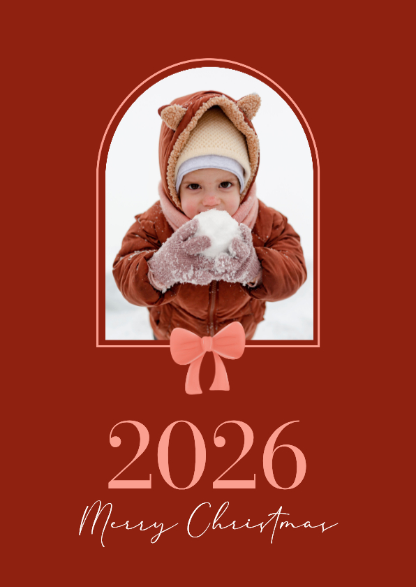 Weihnachtskarte mit Foto Bogen und Schleife auf rot - Weihnachtskarten Weihnachtskarten - Weihnachtskarte mit Foto Bogen und Schleife auf rot