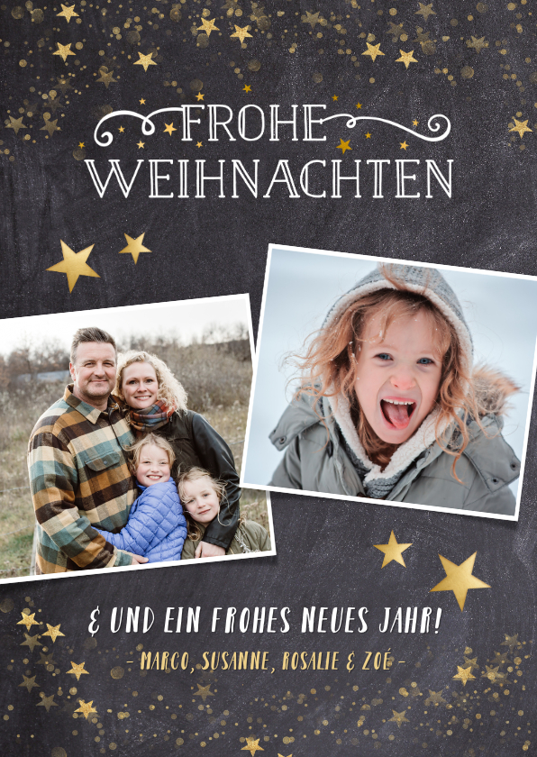 Weihnachtskarten - Weihnachtskarte mit Fotos und Goldsternen