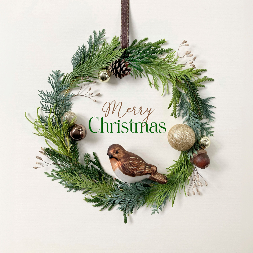 Weihnachtskarten - Weihnachtskarte natürlicher Kranz mit Vogel