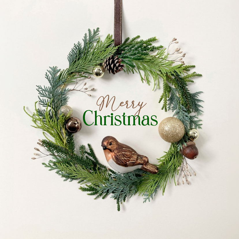 Weihnachtskarte natürlicher Kranz mit Vogel - Weihnachtskarten Weihnachtskarten - Weihnachtskarte natürlicher Kranz mit Vogel