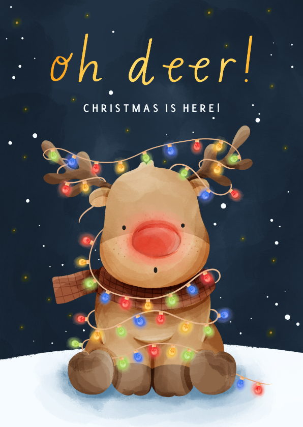 Weihnachtskarten - Weihnachtskarte 'Oh deer' Rentier bunte Lichterkette