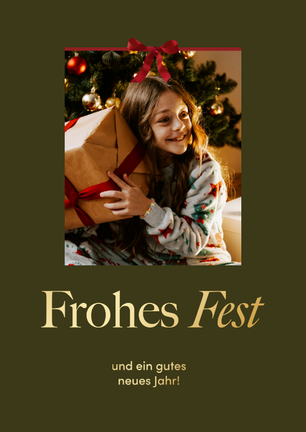 Weihnachtskarte olivgrün Foto mit Schleife - Weihnachtskarten Weihnachtskarten - Weihnachtskarte olivgrün Foto mit Schleife