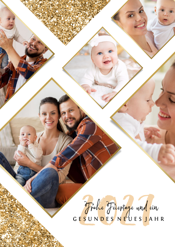 Weihnachtskarten - Weihnachtskarte Rautenmuster mit Fotos und Glitzer