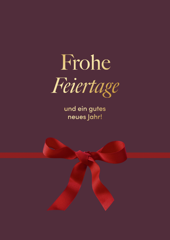Weihnachtskarten - Weihnachtskarte rote Schleife auf Lila 'Frohe Feiertage'