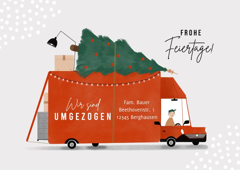 Weihnachtskarten - Weihnachtskarte Umzug mit Lastwagen & Weihnachtsbaum