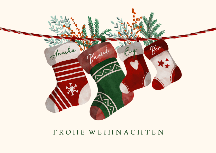Weihnachtskarte vier Weihnachtssocken mit Namen - Weihnachtskarten Weihnachtskarten - Weihnachtskarte vier Weihnachtssocken mit Namen