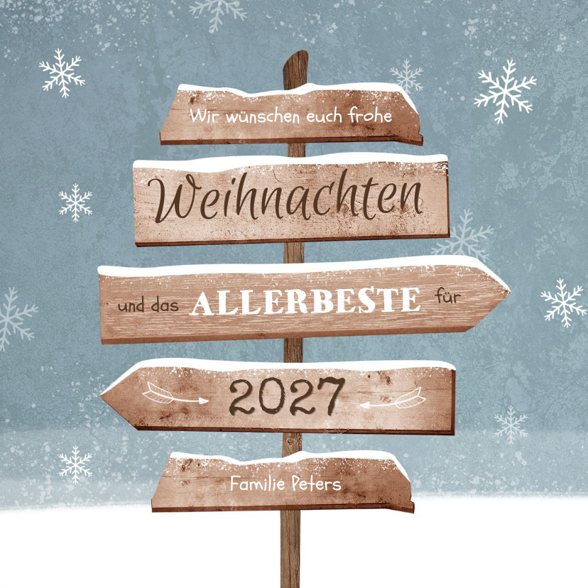 Weihnachtskarte Wegweiser und Schneeflocken - Weihnachtskarten Weihnachtskarten - Weihnachtskarte Wegweiser und Schneeflocken