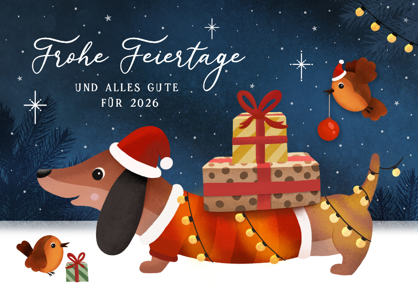 Weihnachtskarte Weihnachtsdackel Geschenke im Schnee - Weihnachtskarten Weihnachtskarten - Weihnachtskarte Weihnachtsdackel Geschenke im Schnee