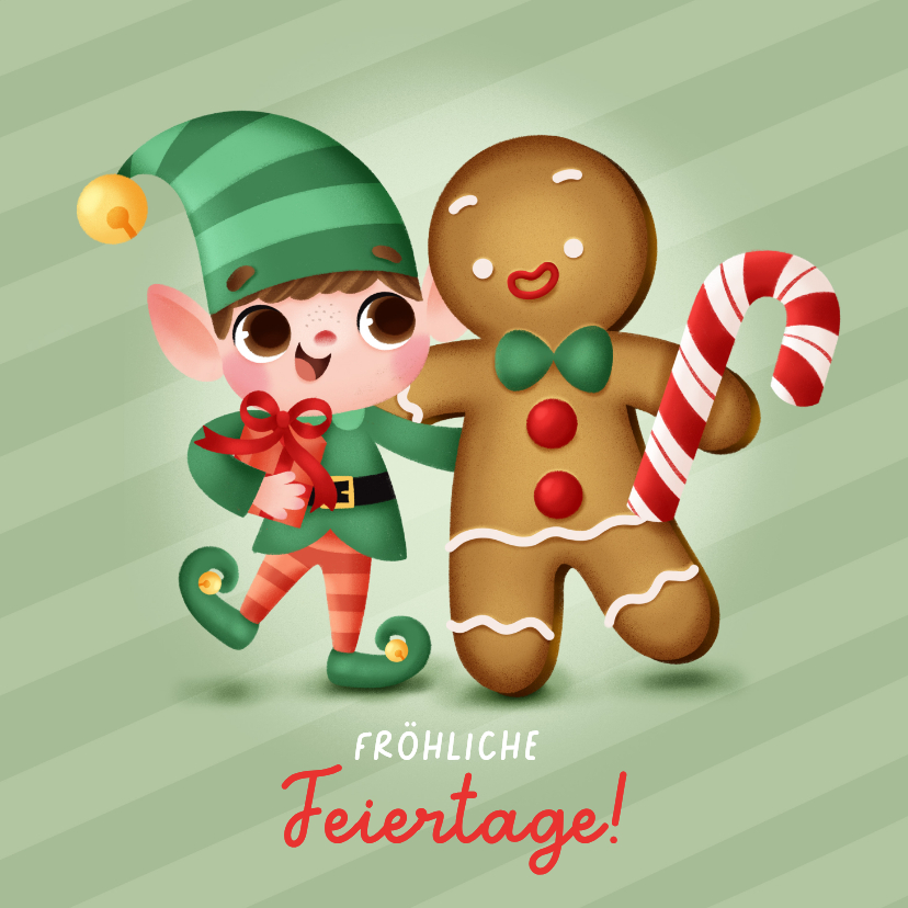 Weihnachtskarten - Weihnachtskarte Weihnachtself und Lebkuchenmännchen