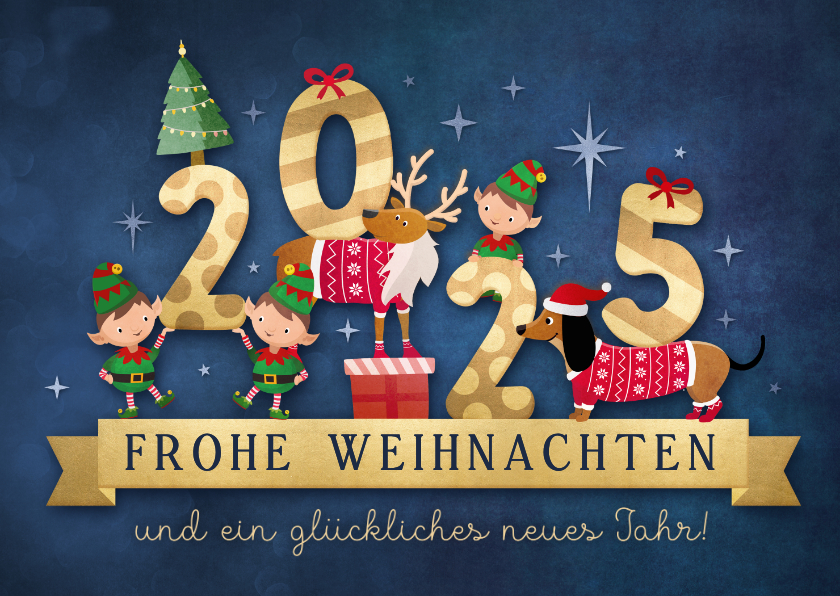 Weihnachtskarten - Weihnachtskarte Weihnachtselfen, Rentier & Dackel