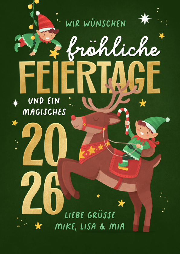 Weihnachtskarten - Weihnachtskarte Wichtel Rentier Feiertage 2026 lustig
