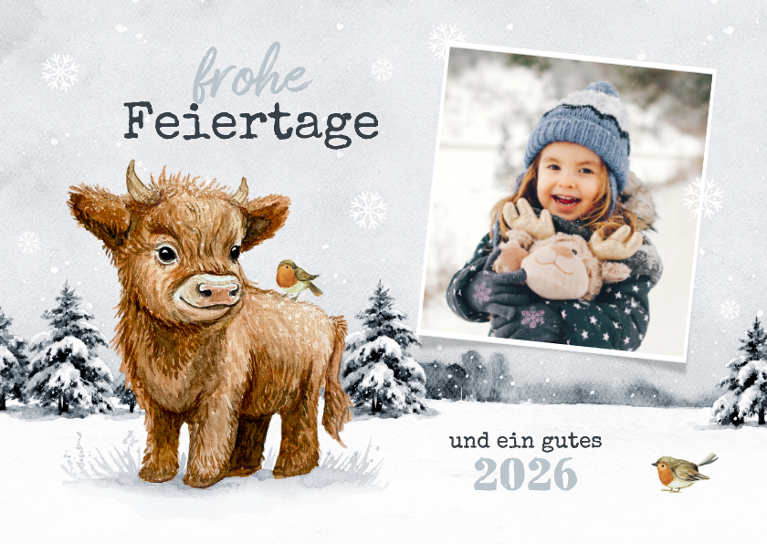 Weihnachtskarte Winterlandschaft Hochlandrind Kälbchen - Weihnachtskarten Weihnachtskarten - Weihnachtskarte Winterlandschaft Hochlandrind Kälbchen