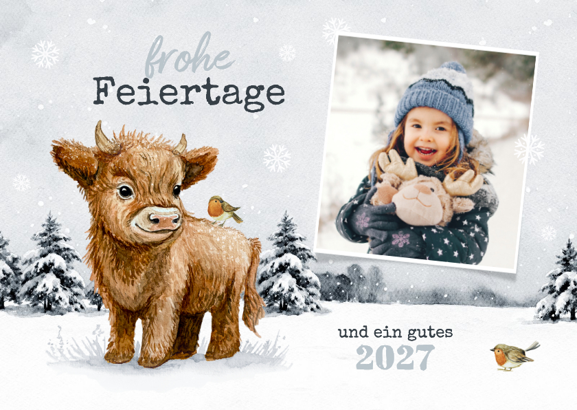 Weihnachtskarte Winterlandschaft Hochlandrind Kälbchen - Weihnachtskarten Weihnachtskarten - Weihnachtskarte Winterlandschaft Hochlandrind Kälbchen