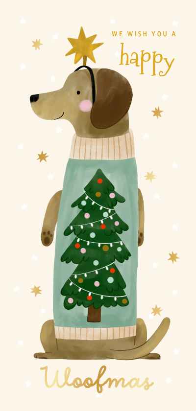 Weihnachtskarte 'Woofmas' Dackel mit Pulli Hochformat - Weihnachtskarten Weihnachtskarten - Weihnachtskarte 'Woofmas' Dackel mit Pulli Hochformat