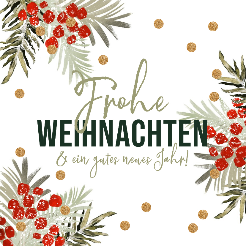 Weihnachtskarte Zweige und Beeren mit Goldkonfetti - Weihnachtskarten Weihnachtskarten - Weihnachtskarte Zweige und Beeren mit Goldkonfetti