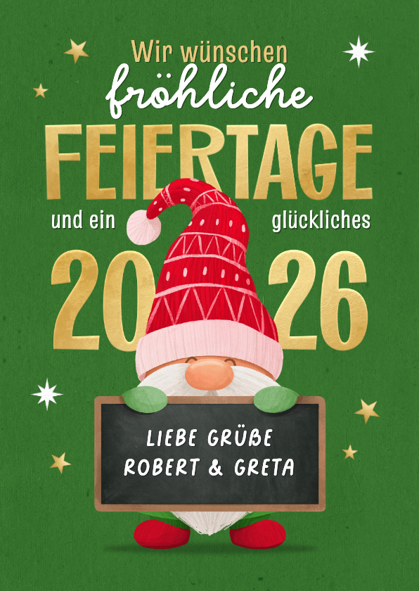 Weihnachtskarten - Weihnachtswichtel Wichtelmütze Tafel 'fröhliche Feiertage'
